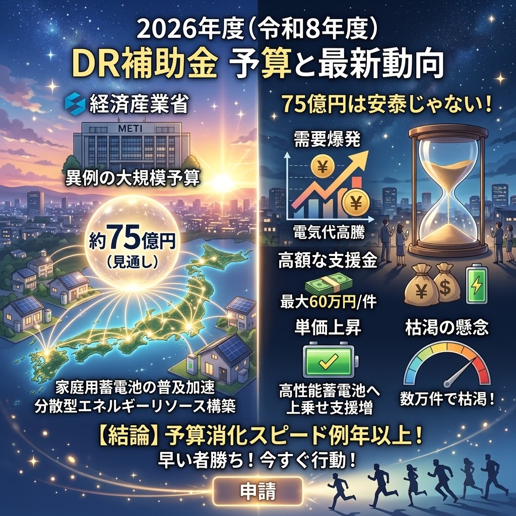 2026年度(令和8年度)の家庭用蓄電池DR補助金(電力需給ひっ迫改善支援事業)の予算規模と最新動向を説明するインフォグラフィック。経済産業省(METI)が約75億円の異例の大規模予算を確保し、分散型エネルギーリソースを構築する一方で、電気代高騰による需要爆発、最大60万円の支援金、単価上昇により予算消化スピードが例年以上になり、数万件で枯渇する懸念があることを図解。早い者勝ちで今すぐ行動(申請)を促すメッセージが込められている。