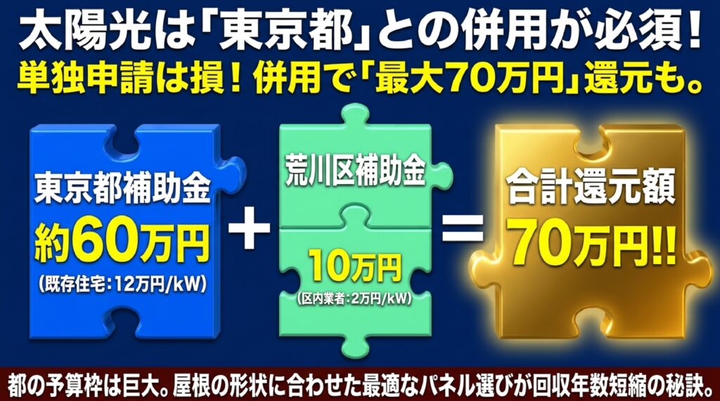 荒川区における太陽光発電システム補助金の詳細と東京都の補助金との併用のイメージ