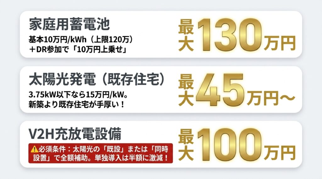 【国との併用が最強】家庭用蓄電池向け「DR補助金」とV2H「CEV補助金」のイメージ