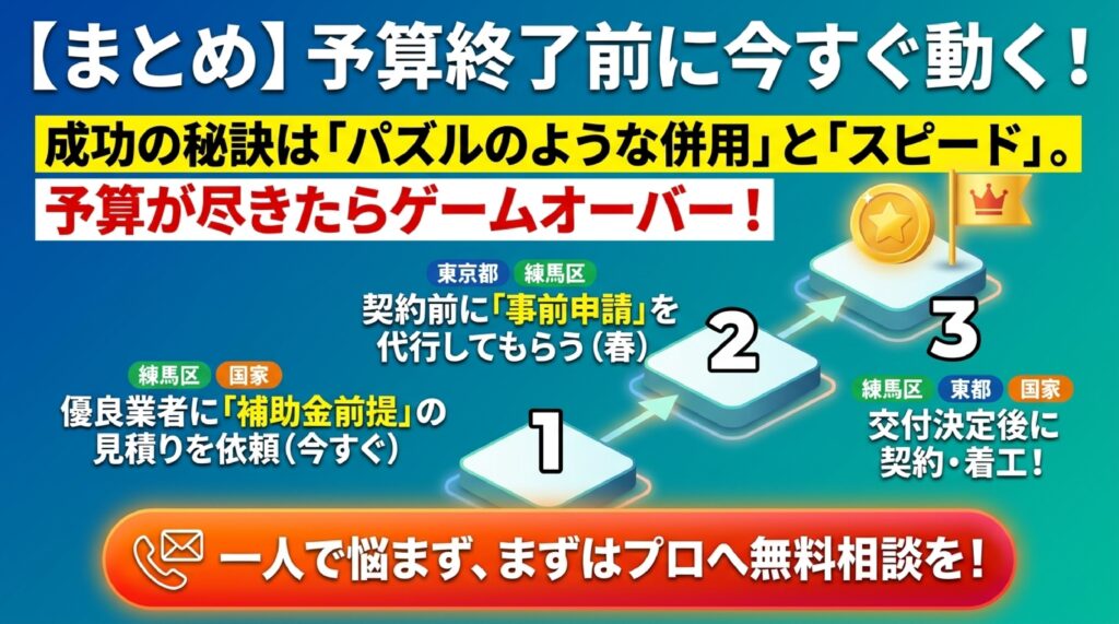 まとめ:練馬区で各補助金制度を最大化して後悔しない太陽光発電システム・家庭用蓄電池・V2H充放電設備導入を のイメージ