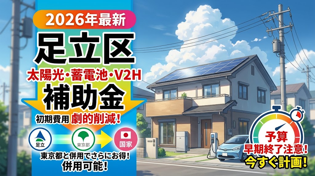 2026年最新の足立区における太陽光パネル・蓄電池・V2H補助金を案内するアニメ風イラスト。屋根にソーラーパネル、庭に蓄電池、EV、V2H充電器がある一戸建て住宅と、初期費用劇的削減や予算終了注意、東京都と併用可能を伝えるテキスト。