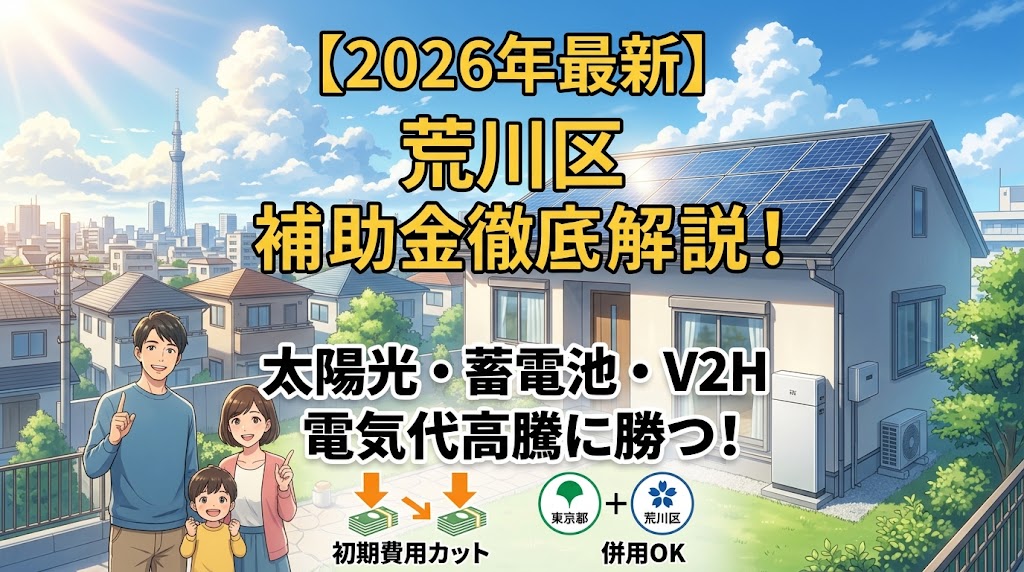 アニメ映画風のイラスト。荒川区の街並みと東京スカイツリーを背景に、太陽光パネルと家庭用蓄電池が設置された住宅の前で、笑顔の日本人家族(父、母、子供)が指を指している。上部に「【2026年最新】 荒川区 補助金徹底解説!」「太陽光・蓄電池・V2H 電気代高騰に勝つ!」という大きな文字と、下部に東京都と荒川区の補助金併用による初期費用削減を示すインフォグラフィックが描かれている。