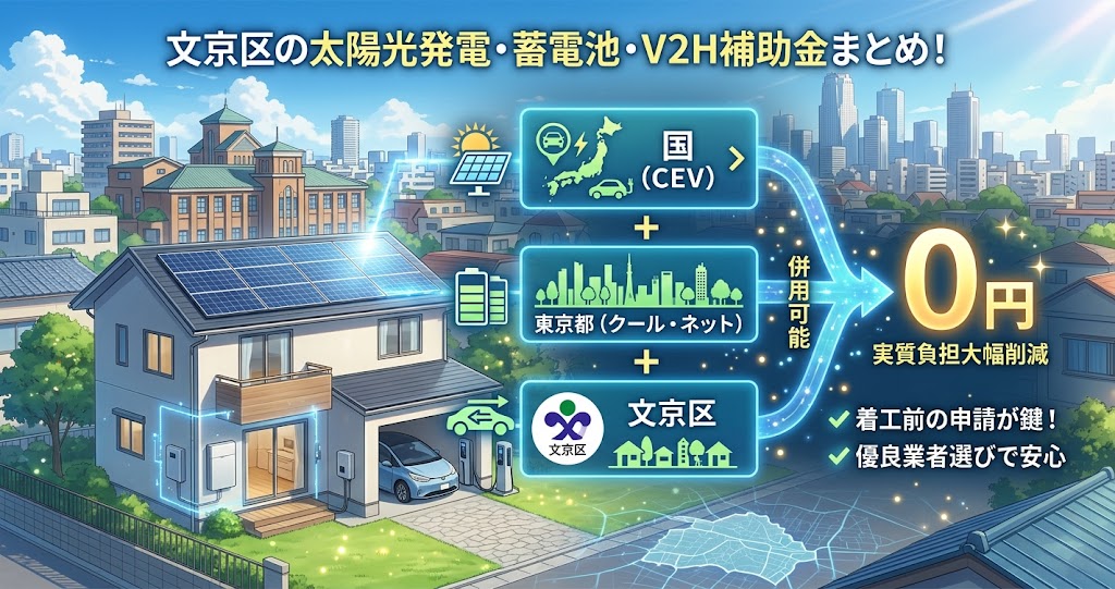 【文京区】太陽光発電・蓄電池・V2H補助金まとめのインフォグラフィック。国（CEV）、東京都（クール・ネット東京）、文京区の3層補助金が併用可能であることを示し、実質負担を0円近くに大幅削減できるフローを解説。着工前の申請手順と優良業者選びの重要性も明記。