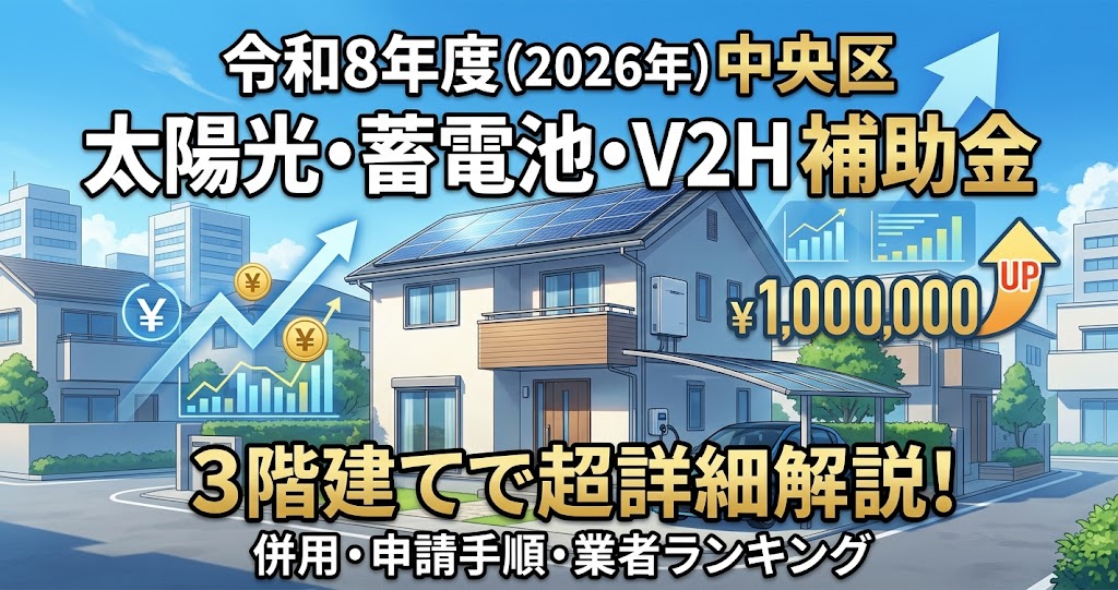 令和8年度東京中央区の太陽光発電・蓄電池・V2H補助金の詳細解説アイキャッチ画像。アニメ映画風のイラストで、太陽光パネル、蓄電池、V2H、電気自動車が設置された中央区の住宅と、コスト削減やエネルギーフローを表すグラフィックが描かれている。画像内の日本語テキストは「中央区 太陽光・蓄電池・V2H 補助金 3階建てで超詳細解説！」などを記載。