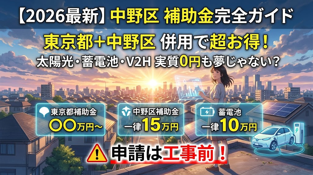 【2026年最新】東京都中野区の太陽光発電・蓄電池・V2H補助金に関するブログ記事のアイキャッチ画像。新海誠風のアニメイラストで、日没時の中野区の街並みと屋上に立つ女性を描く。ソーラーパネル、電気自動車（EV）、充電ステーション、ARディスプレイが配置され、東京都と中野区の補助金併用でお得になることや、太阳光・蓄電池・V2Hが実質0円になる可能性を強調。中野区の定額補助金や、最も重要な「申請は工事前！」という注意点も伝え、読者の理解を深める。