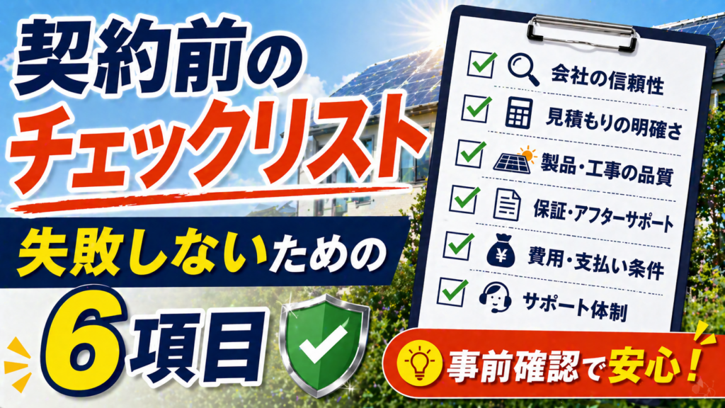 太陽光発電と蓄電池の契約前に失敗しないためのチェックリスト6項目を分かりやすくまとめたアイキャッチ画像
