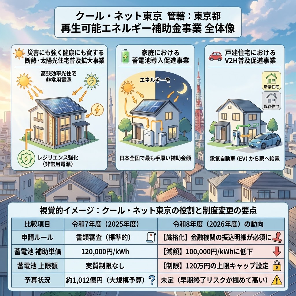 クール・ネット東京が管轄する東京都の再生可能エネルギー補助金事業(太陽光・断熱、蓄電池、V2H)の全体像と、令和7年度(2025年度)から令和8年度(2026年度)にかけての制度変更の比較を示すインフォグラフィック。下部の表では、申請ルールの厳格化、蓄電池補助単価の減額、蓄電池上限額の制限、予算状況の変更点がまとめられている。