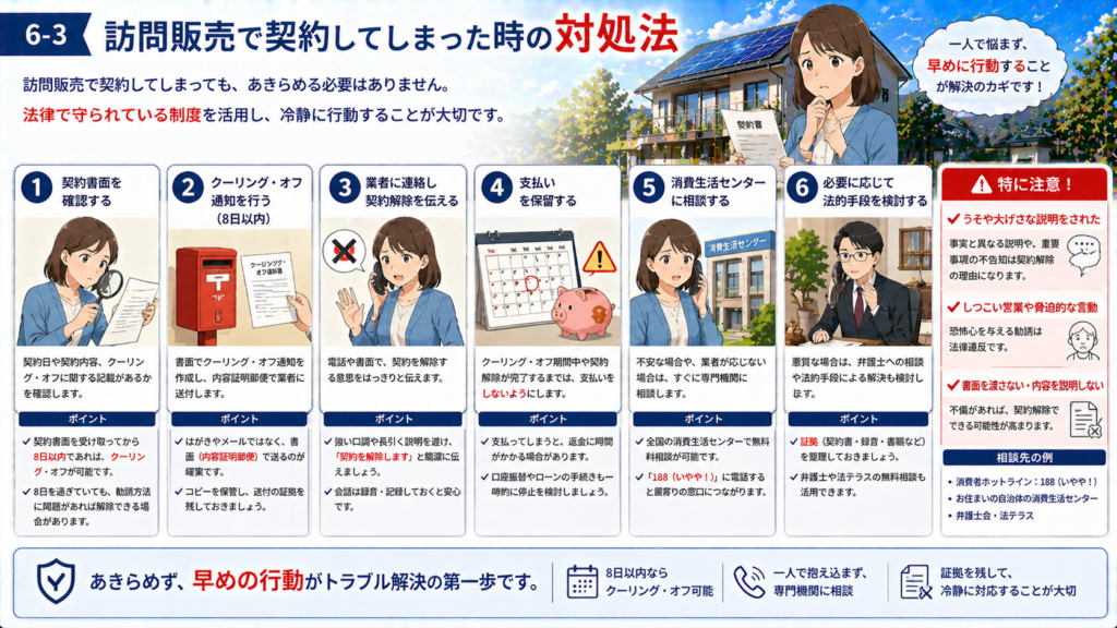 訪問販売で太陽光発電や蓄電池を契約してしまった時の対処法やクーリングオフの流れを解説する画像