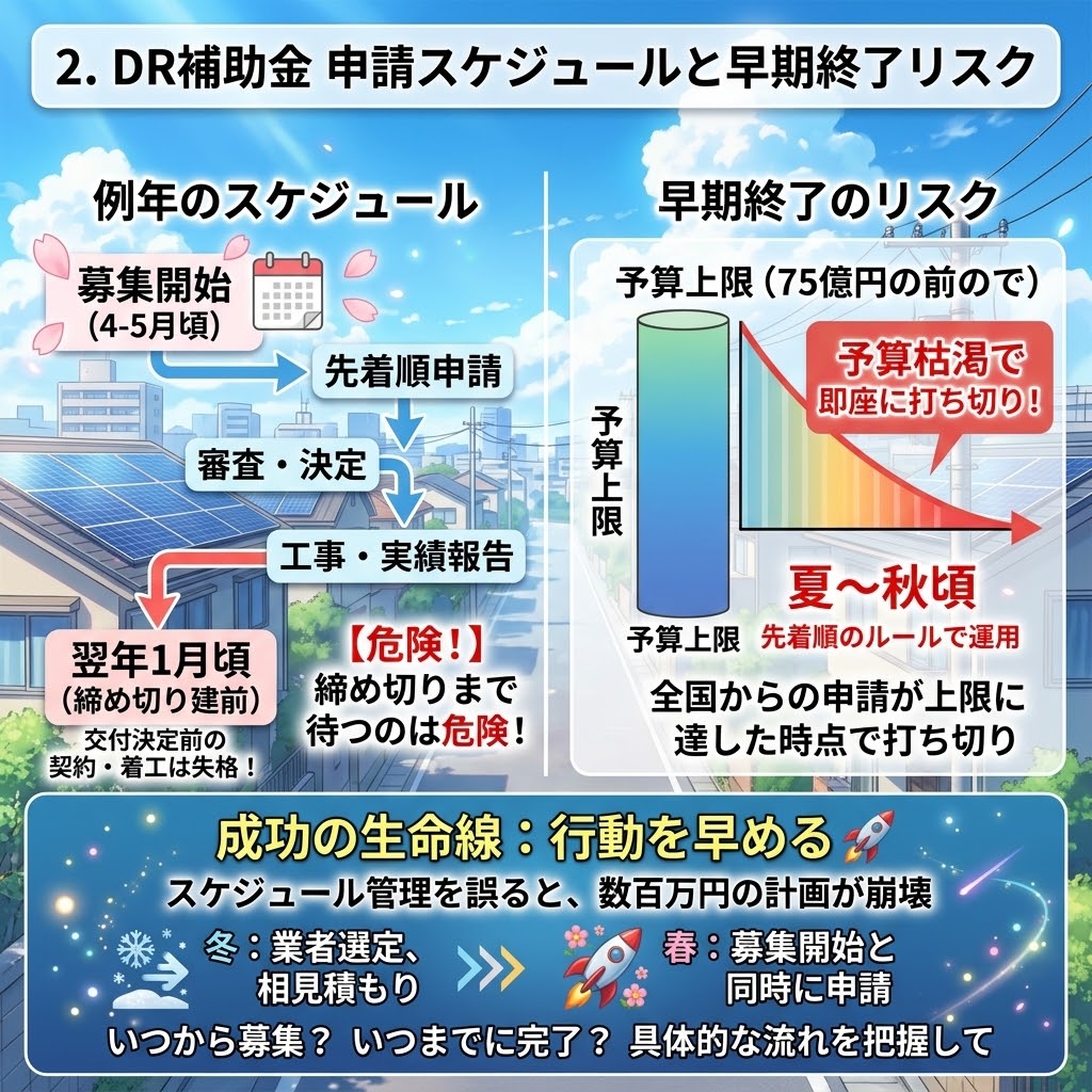 家庭用蓄電池DR補助金の申請スケジュールと早期終了リスクを説明するアニメ風インフォグラフィックス。例年のスケジュール(募集開始、先着順、交付決定前の注意点、1月締め切りの危険)、予算上限(75億円規模)と予算枯渇のリスク、夏〜秋の終了傾向、冬の準備と春の申請の重要性を図解。