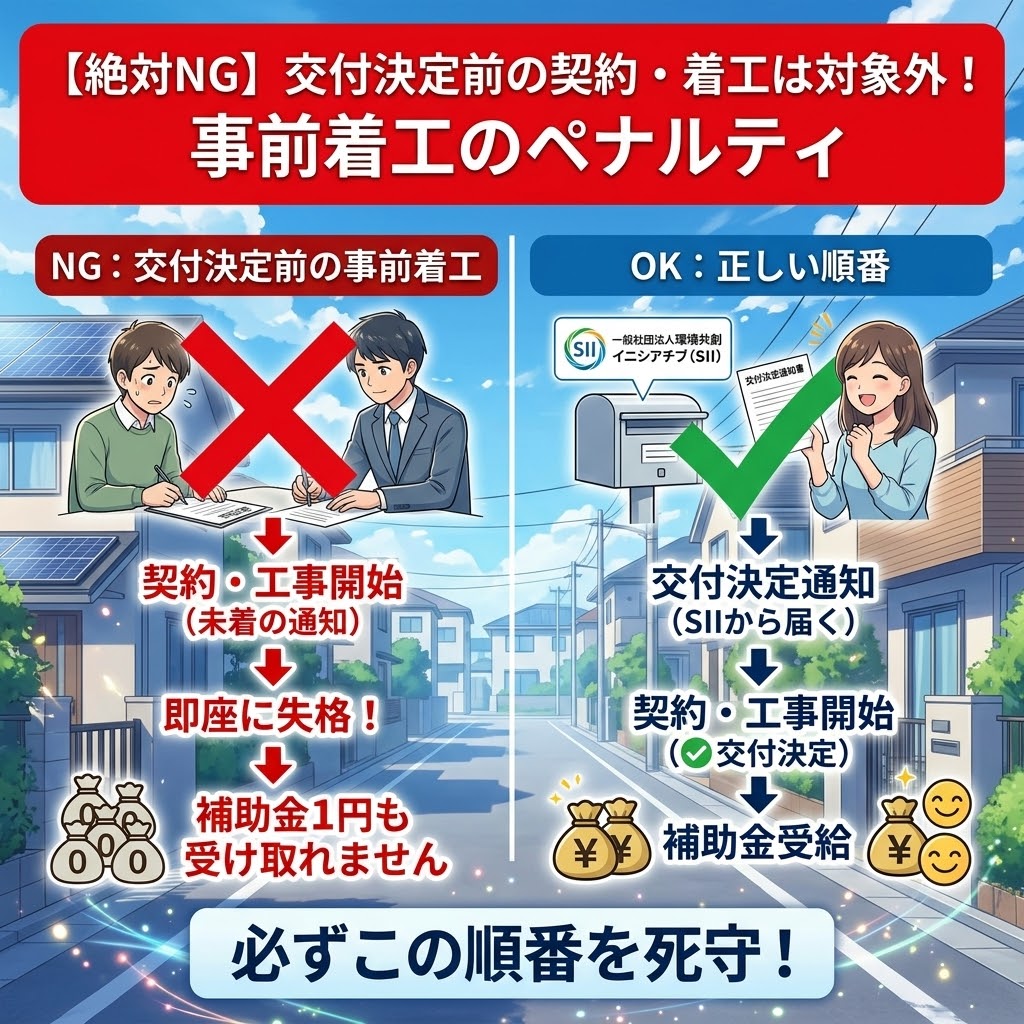 DR補助金の申請において、交付決定前の契約や着工がNGであることを警告するインフォグラフィック。左側のNG例では、交付決定通知前に契約・工事を開始して失格となり補助金がゼロになる様子を描き、右側のOK例では、SIIから交付決定通知を受け取ってから契約・工事を開始して補助金を受給する正しい順序を描写。最上部には「【絶対NG】交付決定前の契約・着工は対象外!事前着工のペナルティ」というテキストがある。