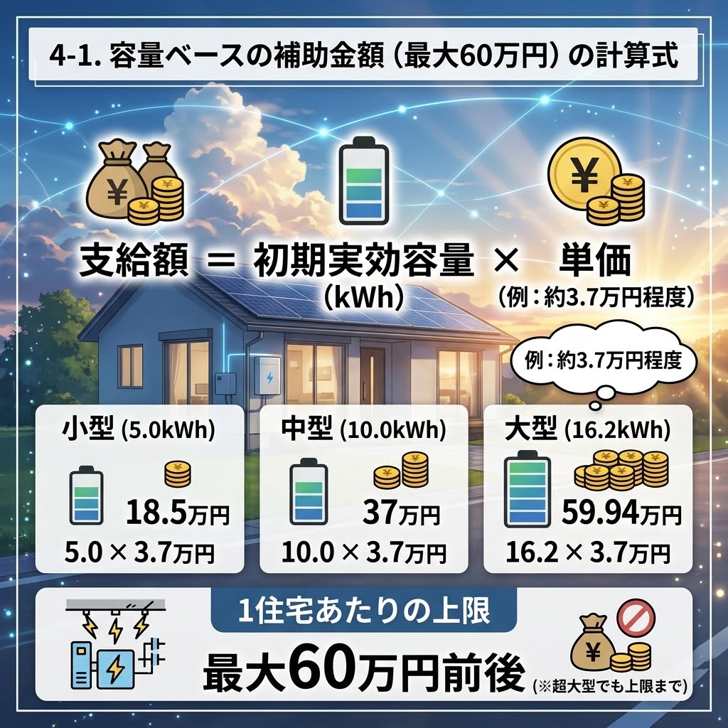 【図解】4-1. 容量ベースの補助金額(最大60万円)の計算式。DR補助金(デマンドリスポンス補助金)の支給額を求める式「支給額 = 初期実効容量 (kWh) × 単価(例:約3.7万円程度)」と、具体的な支給想定額のシミュレーション例を、Makoto Shinkai風のアニメーションスタイルで解説。夕暮れの空の下、ソーラーパネルと蓄電池を備えた家を背景に、お金の袋、電池、計算機のアイコンを用いて図解。3つの例として、小型(5.0kWh)で18.5万円、中型(10.0kWh)で37万円、大型(16.2kWh)で59.94万円の支給想定額が、それぞれの電池容量と単価の掛け算と共に記載されている。下部には「1住宅あたりの上限」として「最大60万円前後」と強調され、超大型のシステムでも上限までとなる注意点も描かれている。