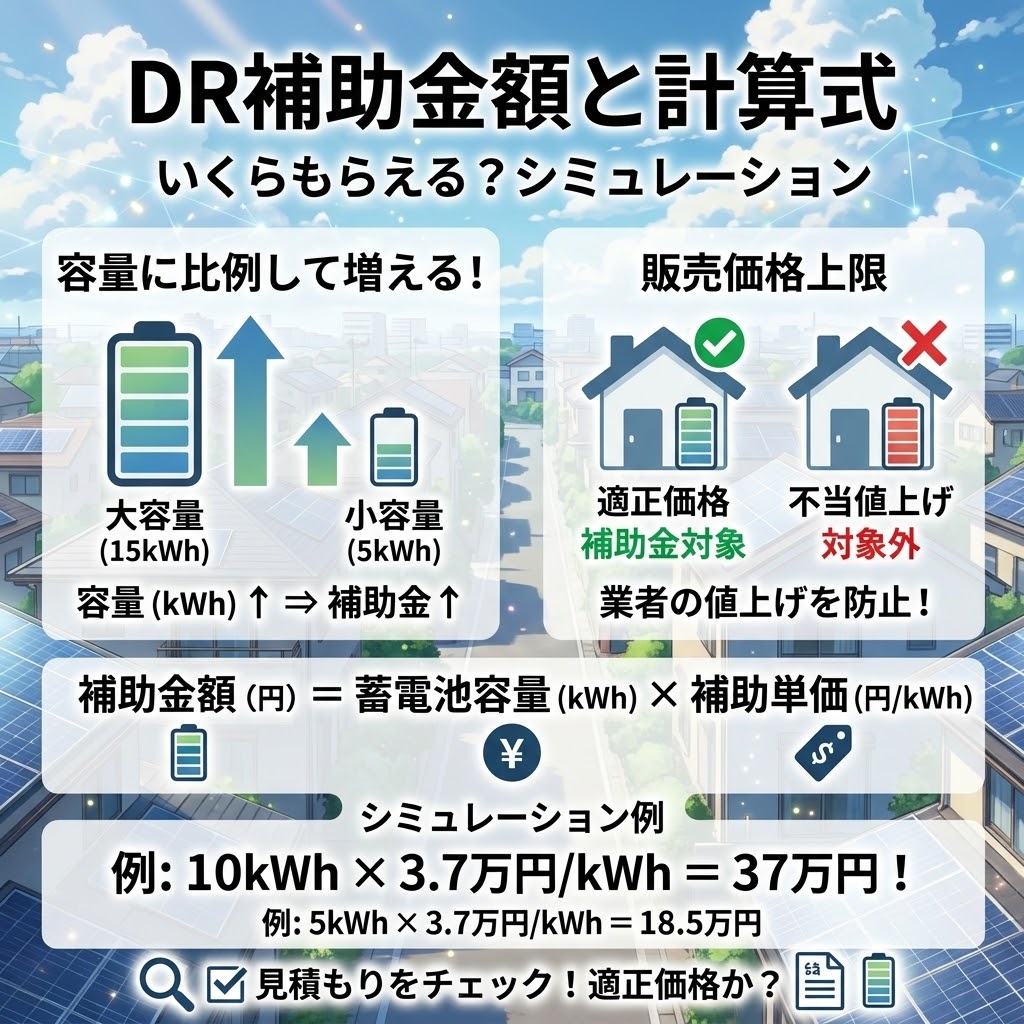 DR補助金(デマンドリスポンス補助金)の家庭用蓄電池への支給額と計算式を説明するアニメ風インフォグラフィック。補助金額が容量に比例して増える仕組み(例:大容量15kWhと小容量5kWhの比較)や、業者の不当な値上げを防ぐ販売価格上限ルール(適正価格は補助金対象、不当値上げは対象外)を解説。核心となる計算式「補助金額(円) = 蓄電池容量(kWh) × 補助単価(円/kWh)」と、具体的なシミュレーション例(10kWh × 3.7万円/kWh = 37万円など)が記載されている。最下部には、見積もりが適正価格かチェックすることを促すメッセージがある。