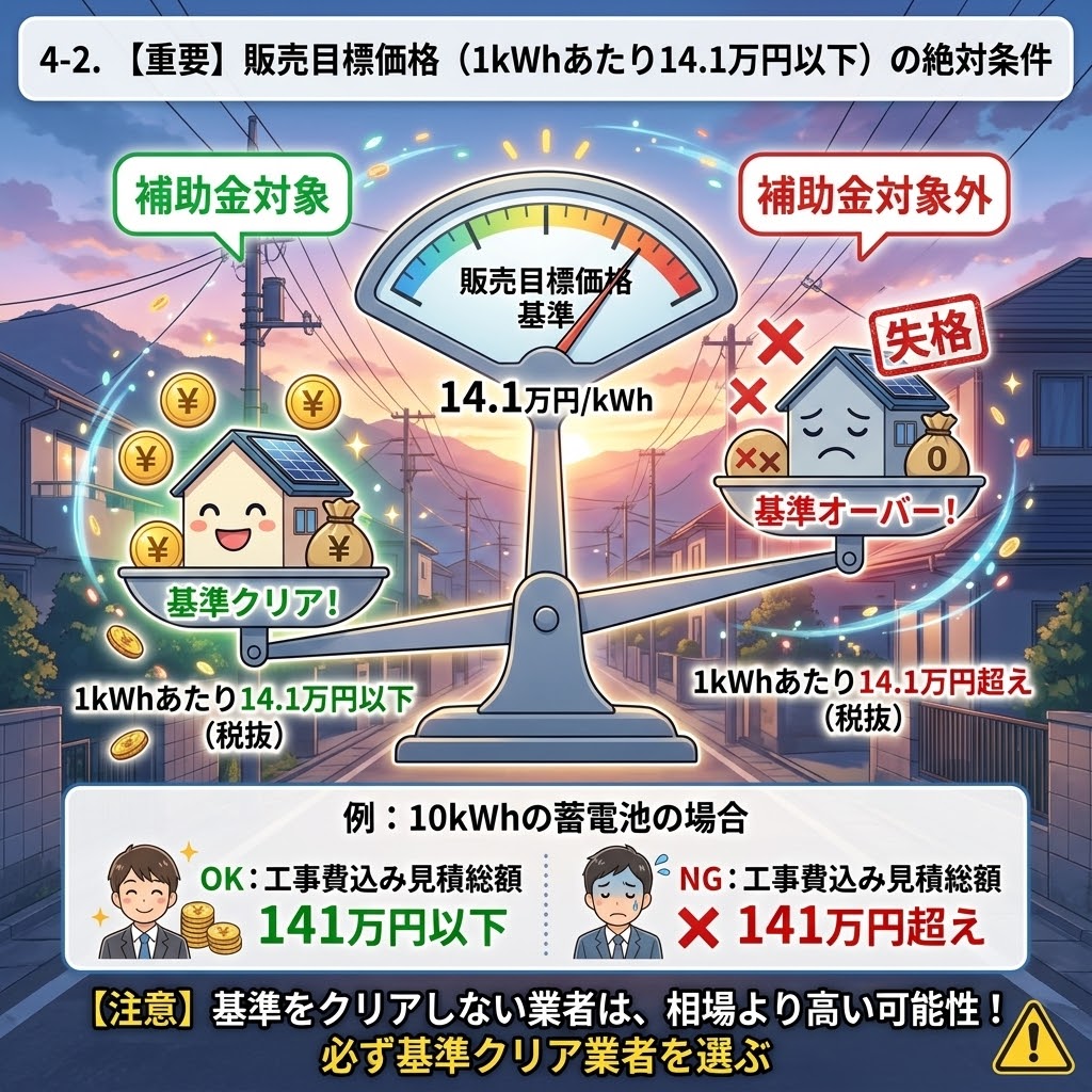 【図解】DR補助金の家庭用蓄電池対象条件:販売目標価格(蓄電池本体代金と設置工事費の合計、1kWhあたり14.1万円以下、税抜)を天秤で比較。左側は「基準クリア(補助金対象)」で家とコイン(¥)、右側は「基準オーバー(対象外・失格)」でSadな家と赤いX。10kWh蓄電池の例(141万円以下はOK、超えはNG)と、基準クリア業者を選ぶ注意点も記載。