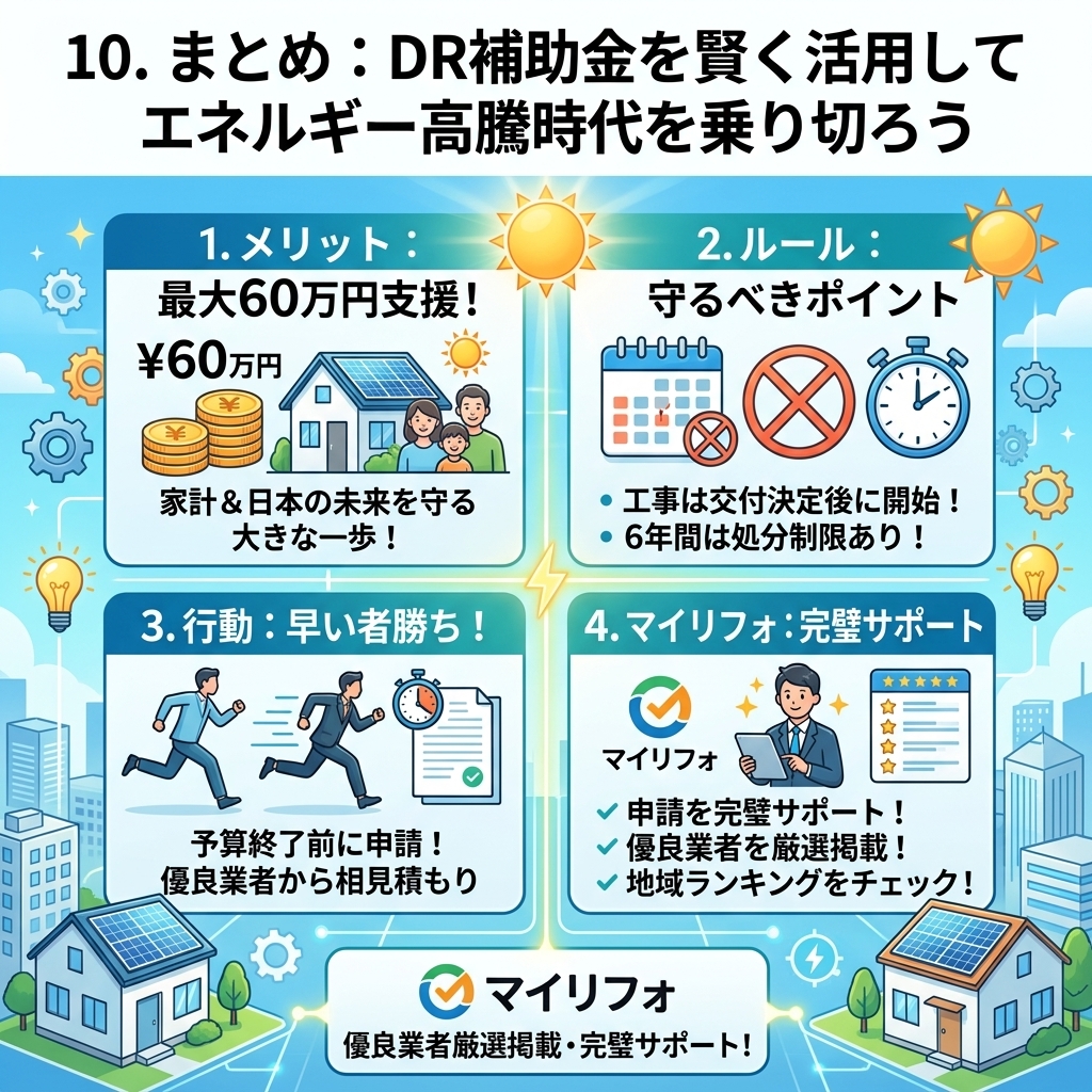 「10. まとめ:DR補助金を賢く活用してエネルギー高騰時代を乗り切ろう」というタイトルのインフォグラフィック。4つのポイントを解説。1. メリット:最大60万円支援、家計と日本の未来を守る。2. ルール:工事は交付決定後に開始、6年間の処分制限あり。3. 行動:早い者勝ち、予算終了前に申請、優良業者から相見積もり。4. マイリフォ:完璧サポート、申請を完璧サポート、優良業者を厳選掲載、地域ランキングをチェック。下部にマイリフォのロゴと「優良業者厳選掲載・完璧サポート!」のテキスト。
