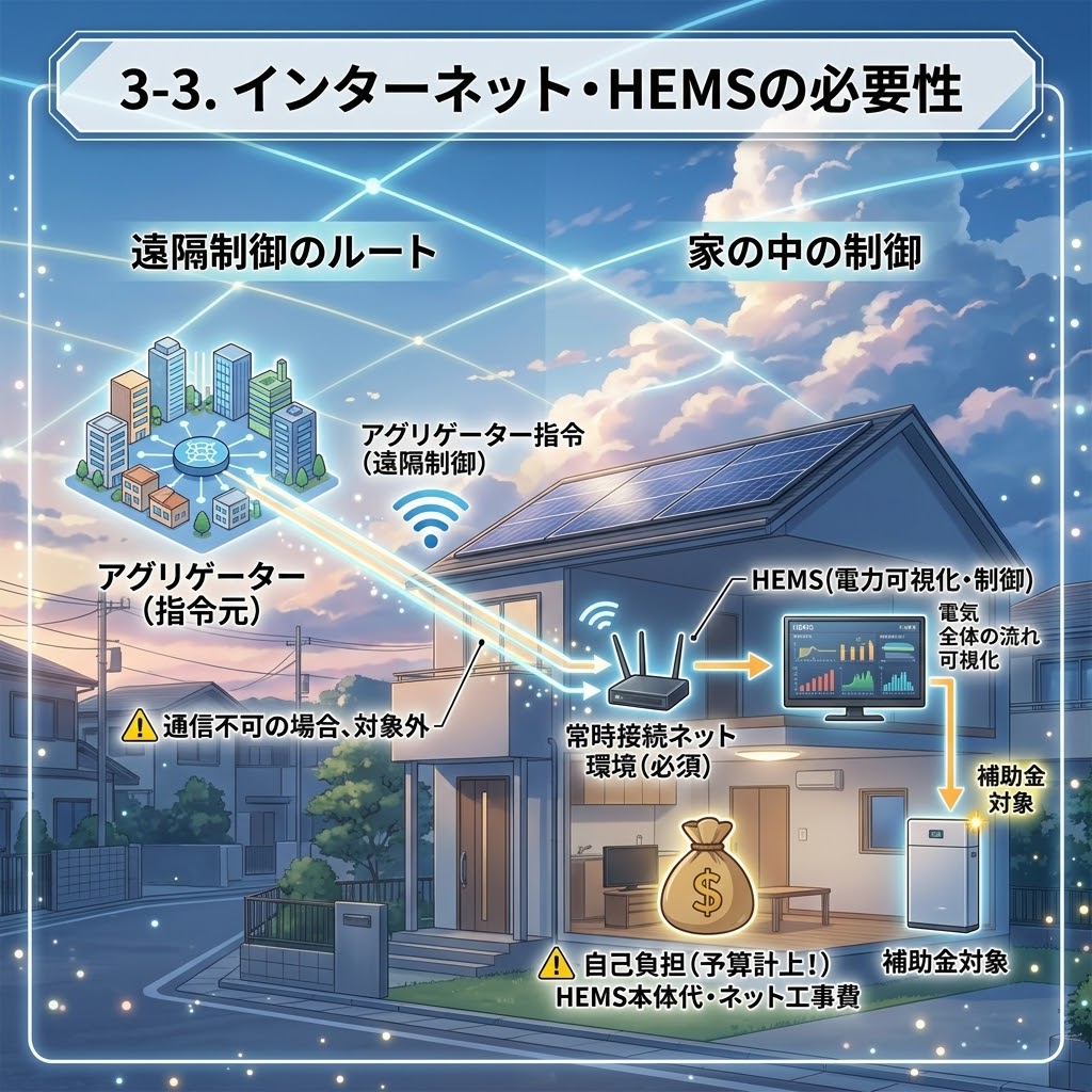 【図解】3-3. インターネット・HEMSの必要性。DR補助金(電力需給ひっ迫改善支援事業)を活用するために、アグリゲーター(指令元)からの「遠隔制御」ルートの確保が必須であることを、Makoto Shinkai風のアニメーション映画スタイルで解説。夕景のスマートホームを舞台に、左側では都市とネットワークハブから「アグリゲーター指令」が「常時接続ネット環境(必須)」のルーターを経由して家に届く流れを図示。⚠️通信不可の場合は補助対象外となる警告がある。右側では家の内部ビューにて、ルーターから「HEMS (電力可視化・制御)」モニター、そして「補助金対象」の家庭用蓄電池へと情報と制御が流れる仕組みを描写。HEMSで電気全体の流れが可視化される。最下部には、手厚い補助が出る蓄電池本体に対し、お金の袋アイコンと共に「HEMS本体代・ネット工事費」は「自己負担(予算計上!)」になるという重要な注意点も記載。