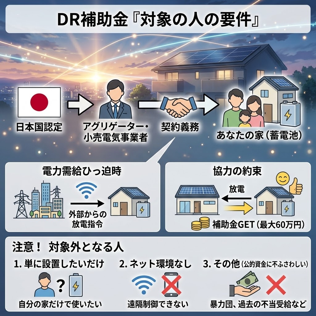 日本の家庭用蓄電池向けDR補助金の対象となる人の要件を説明するアニメ風インフォグラフィック。「日本国認定」のアグリゲーター/小売電気事業者と契約を結び、電力ひっ迫時にWi-Fi経由での外部からの放電指令に応じて放電協力することで最大60万円の補助金を受け取る正しい仕組みと、「単に設置したいだけ」「ネット環境がない(遠隔制御できない)」「公的資金に不ふさわしい(暴力団、不当受給)」などの対象外となる人を対比して解説。背景は夕暮れのソーラーパネル付き住宅街。