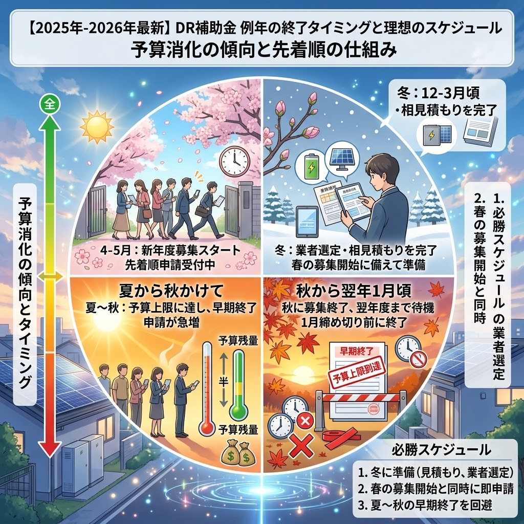 【2025年-2026年最新】日本の家庭用蓄電池向けDR補助金の申請スケジュールと予算消化傾向を解説するアニメ風インフォグラフィック。四季別の募集状況(4-5月開始、夏〜秋早期終了、秋終了)と、冬に相見積もりを完了させ春に即申請する「必勝スケジュール」を図解。