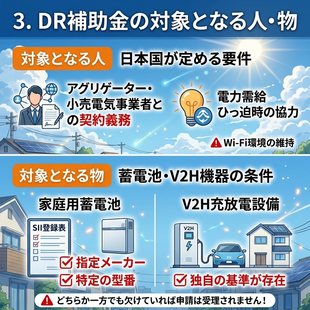 日本のDR補助金(電力需給ひっ迫改善支援事業)の対象となる人と物の要件を説明するインフォグラフィック。上部はアグリゲーター契約やWi-Fi維持などの人の要件、下部は指定メーカー・型番の家庭用蓄電池やV2Hの条件を解説。どちらかが欠けると申請不可の警告がある。背景はソーラーパネルのある住宅街。