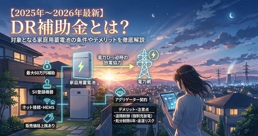 夕暮れの日本の住宅街で、女性がタブレットを操作する様子を描いたインフォグラフィック。「【2025年〜2026年最新】DR補助金とは?対象となる家庭用蓄電池の条件やデメリットを徹底解説」というタイトルが記載されている。家に設置された家庭用蓄電池と、電力網(電柱)との関係が示され、電力ひっ迫時の放電協力を説明。補助金の最大金額は60万円で、対象条件としてSII登録機器、ネット接続・HEMS、販売価格上限が挙げられている。契約形態はアグリゲーター契約で、デメリットとして遠隔制御(強制充放電)や処分制限6年・返還リスクが記載されている。