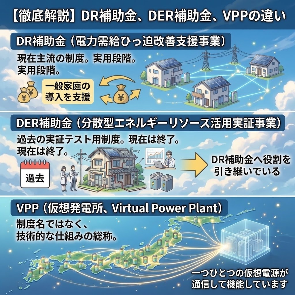 DR補助金、DER補助金、VPP(仮想発電所)の違いをMakoto Shinkai風のアニメスタイルで説明するインフォグラフィック。上部にDR補助金(家庭用蓄電池ネットワーク、現行制度)、中部にDER補助金(過去の実証制度、終了)、下部にVPP(日本地図上の仮想電源ネットワーク、技術的仕組み)のセクションがある。各セクションには、家、ソーラーパネル、蓄電池、研究者、日本円のアイコンなどが詳細に描かれている。