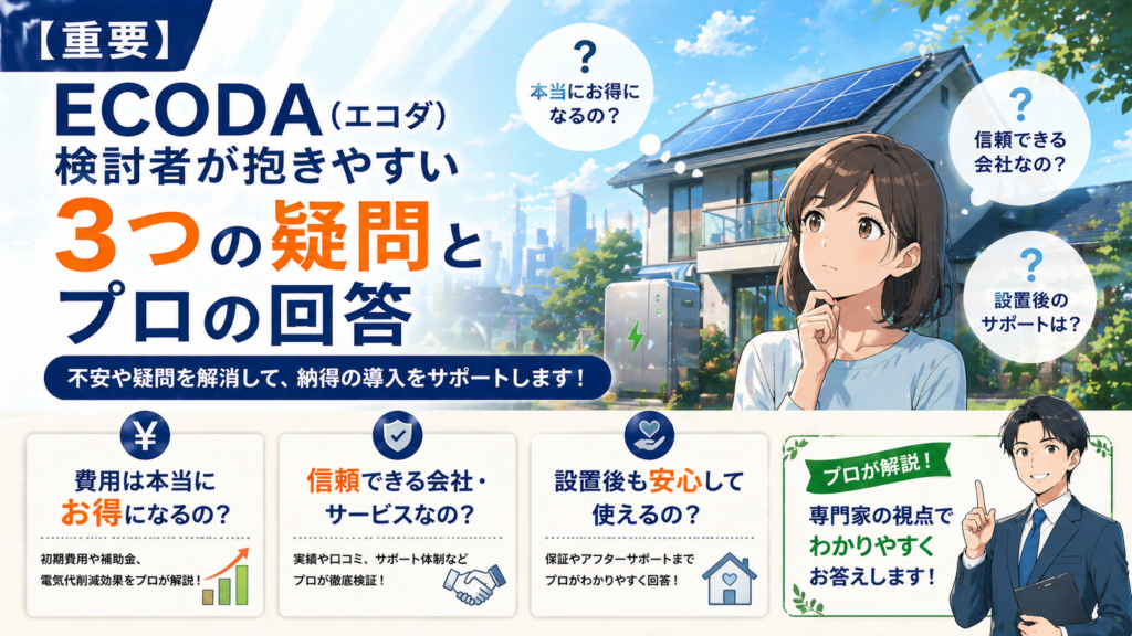 ECODAの太陽光発電と蓄電池を検討する人が抱きやすい3つの疑問とプロの回答を解説する画像