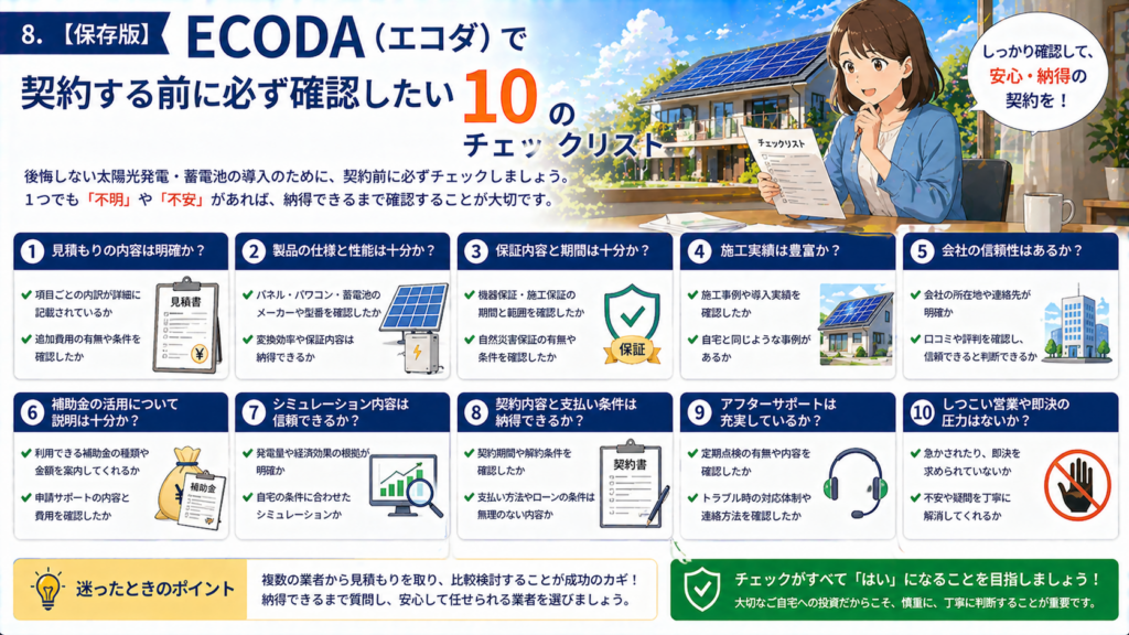 ECODAで太陽光発電や蓄電池を契約する前に確認したい10のチェックリストを解説する画像