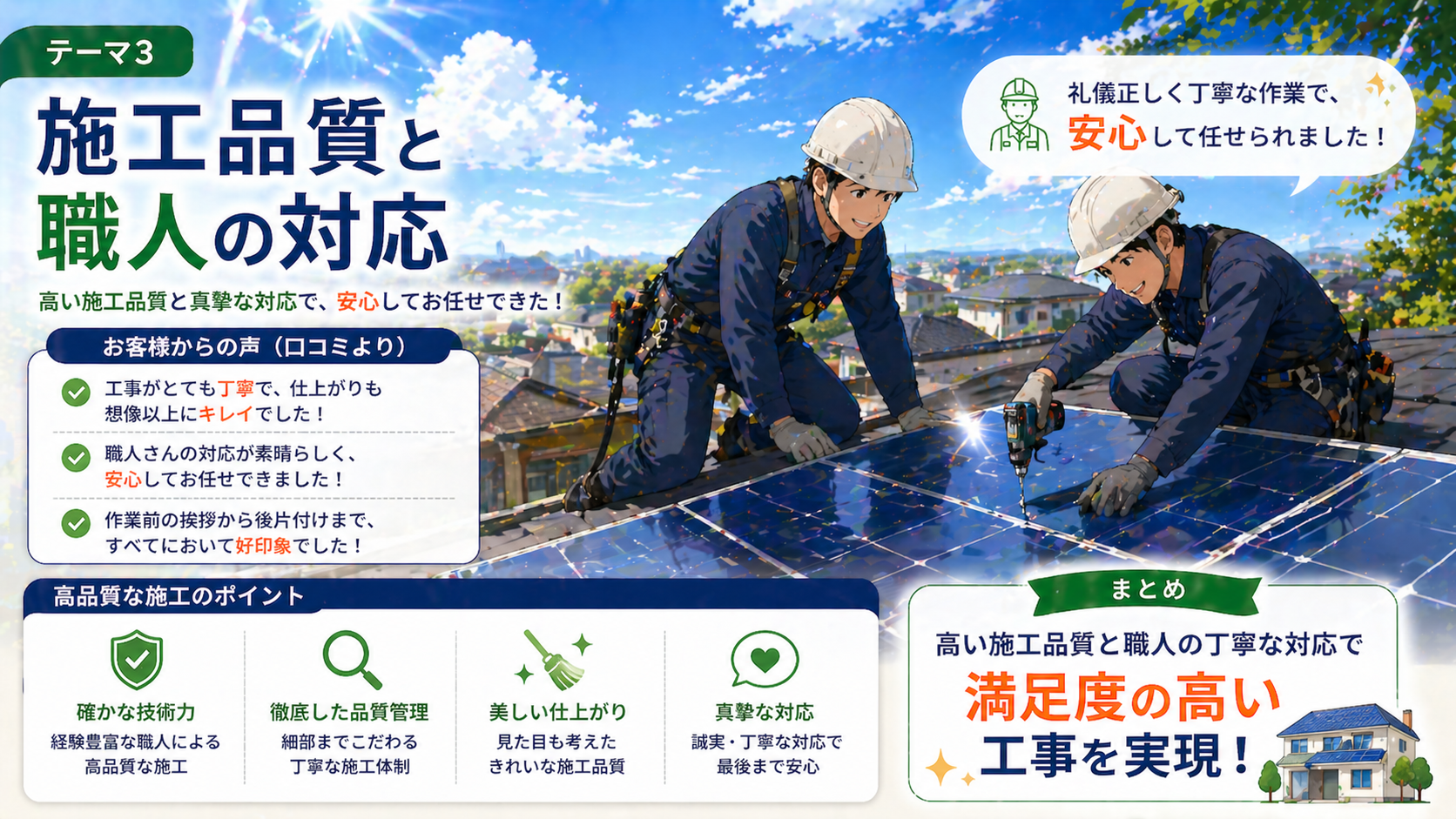 ECODAの太陽光発電と蓄電池の施工品質や職人の丁寧な対応で安心して任せられる様子を表した画像