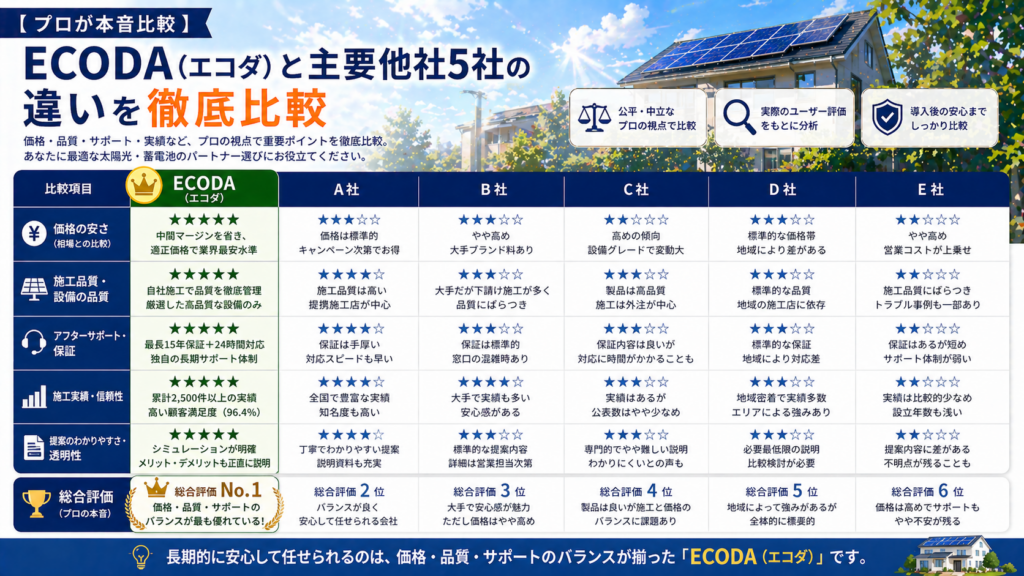 ECODAと主要な太陽光発電・蓄電池会社5社の違いを価格や施工品質、サポート面から比較した画像