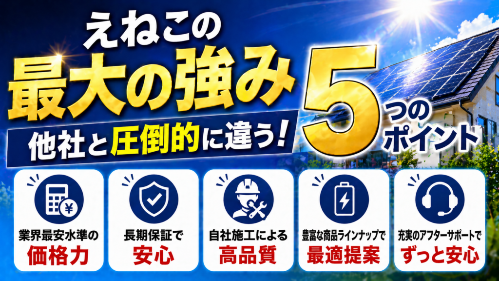 えねこの他社と違う強みやメリットを太陽光発電と蓄電池の観点から5つのポイントで解説したアイキャッチ画像