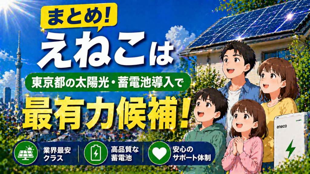 えねこは東京都で太陽光発電と蓄電池導入に最適な業者であるとまとめたアイキャッチ画像
