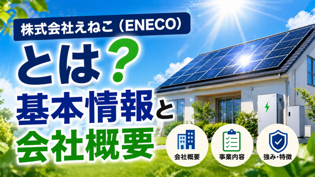株式会社えねこの会社概要と基本情報を太陽光発電と蓄電池のイメージとともに解説するアイキャッチ画像