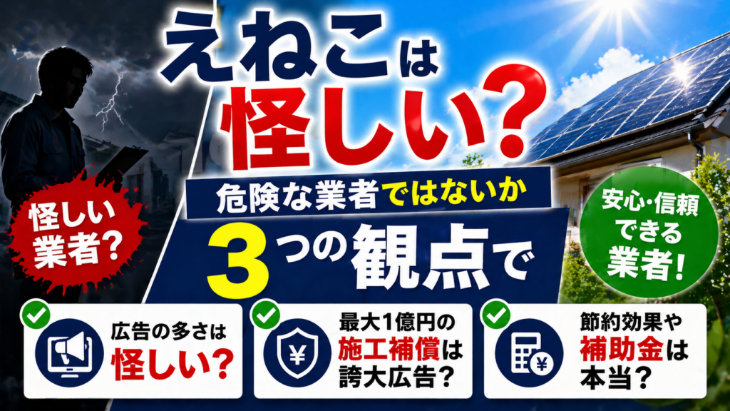 えねこは怪しいのか安全な業者かを太陽光発電と蓄電池の観点から3つのポイントで検証したアイキャッチ画像
