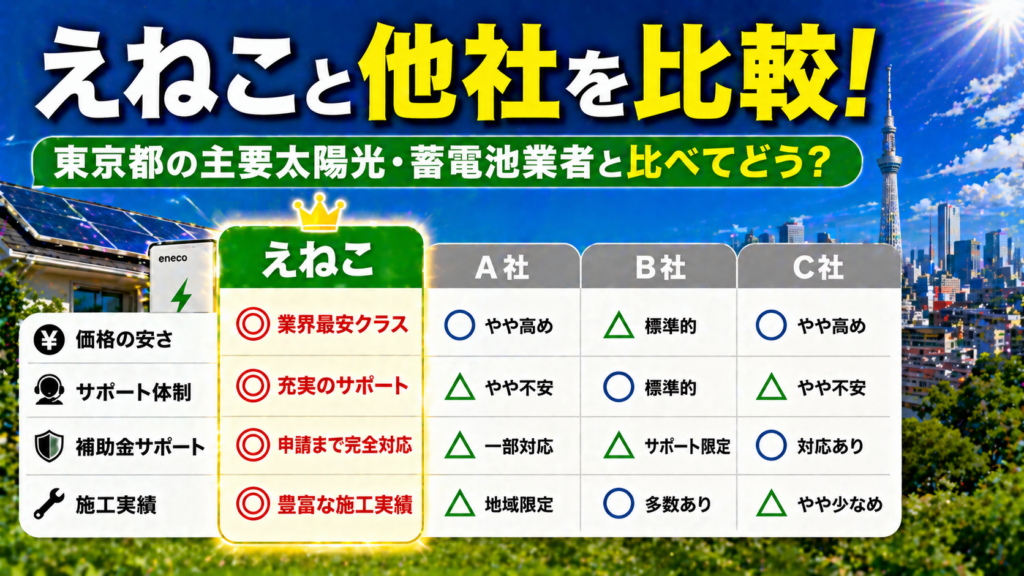 えねこと東京都の太陽光発電や蓄電池の主要業者を比較して特徴や違いを解説したアイキャッチ画像