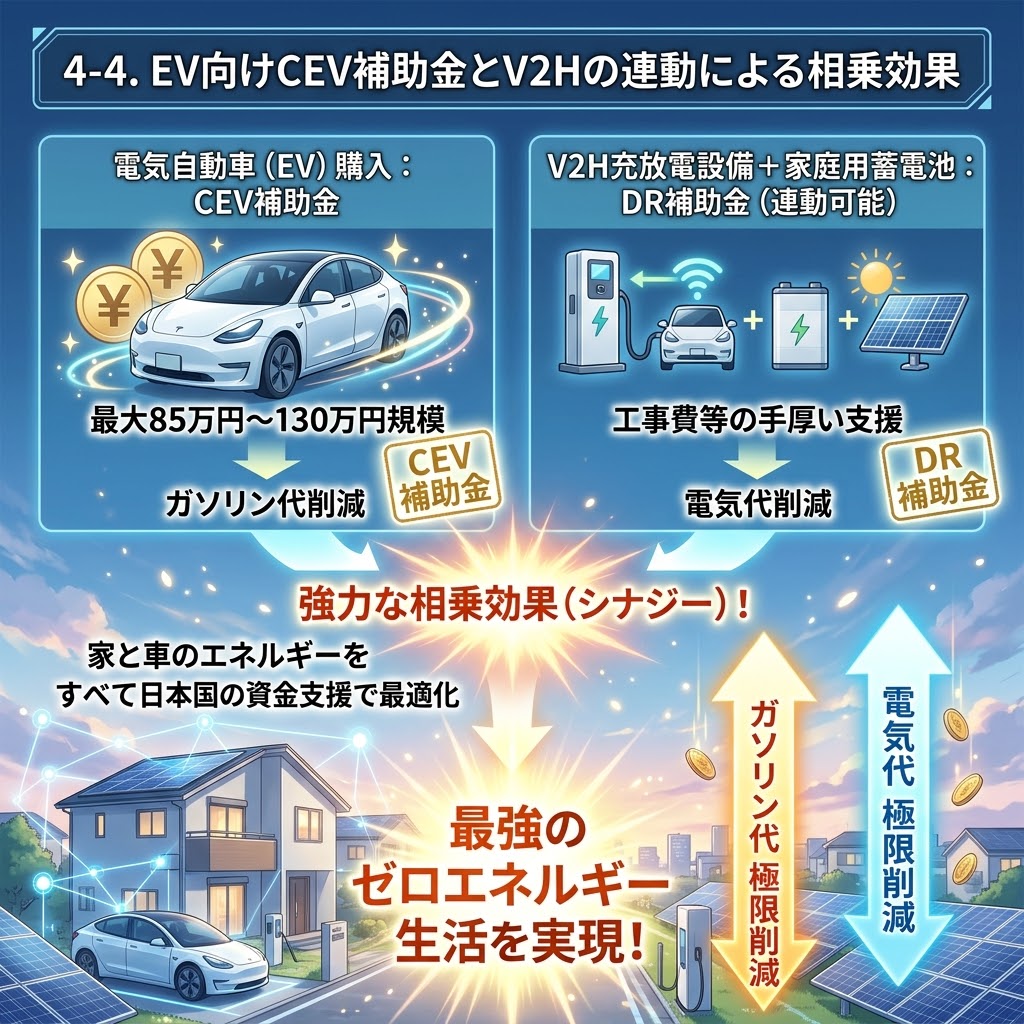 「4-4. EV向けCEV補助金とV2Hの連動による相乗効果」を解説するインフォグラフィック。左側に「電気自動車 (EV) 購入: CEV補助金」で最大85-130万円の支援とガソリン代削減、右側に「V2H充放電設備 + 家庭用蓄電池: DR補助金」で工事費等の手厚い支援と電気代削減が示されている。中央には「強力な相乗効果 (シナジー)!」と「家と車のエネルギーをすべて日本国の資金支援で最適化」とあり、下部にはソーラーパネル付き住宅、EV、V2H、蓄電池のイラストと、「ガソリン代 極限削減」「電気代 極限削減」の矢印、そして「最強のゼロエネルギー生活を実現!」という結論が描かれている。