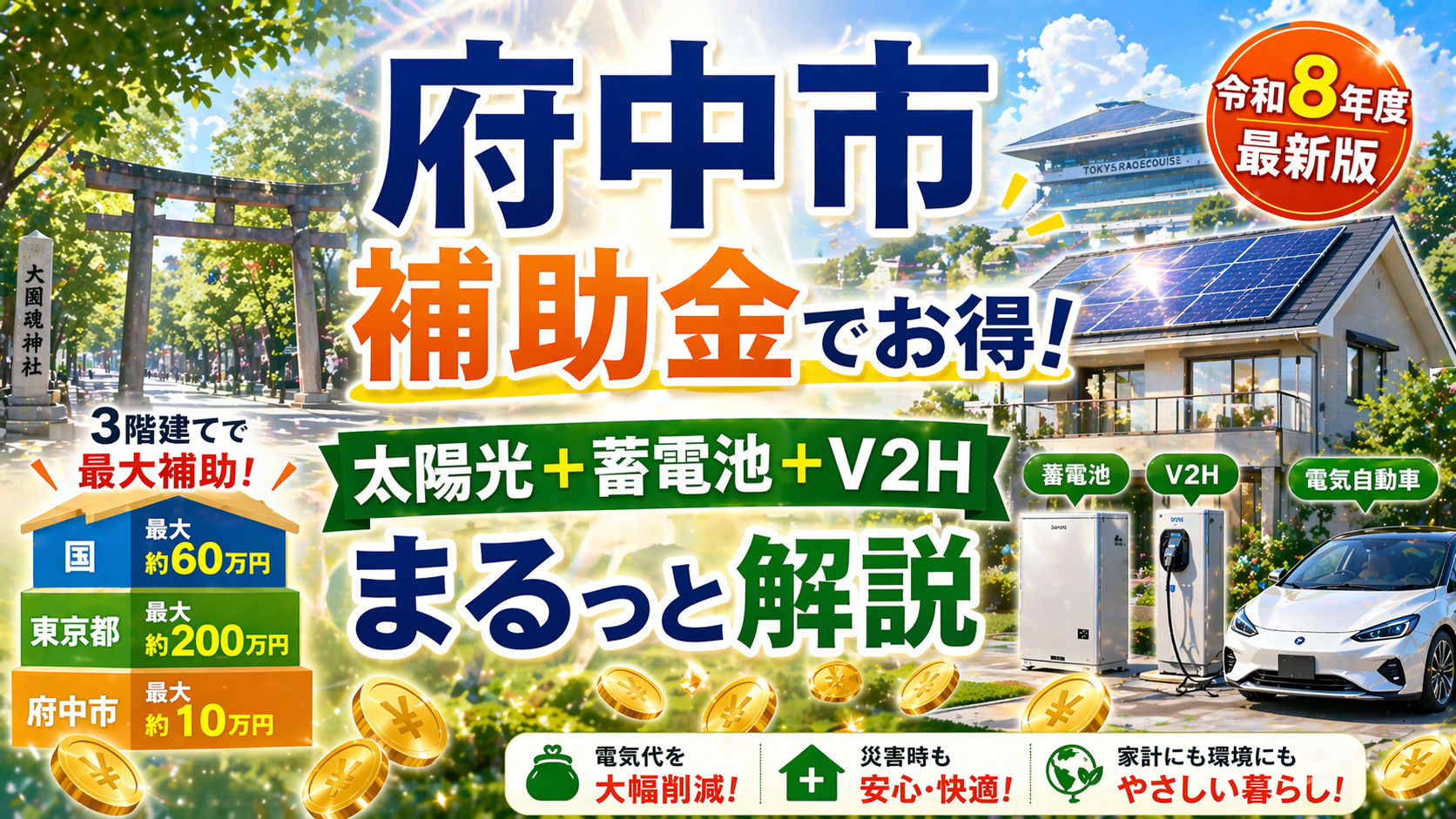 府中市の太陽光発電・蓄電池・V2H補助金を活用して費用を大幅に抑えながら導入できるメリットを示したアイキャッチ画像