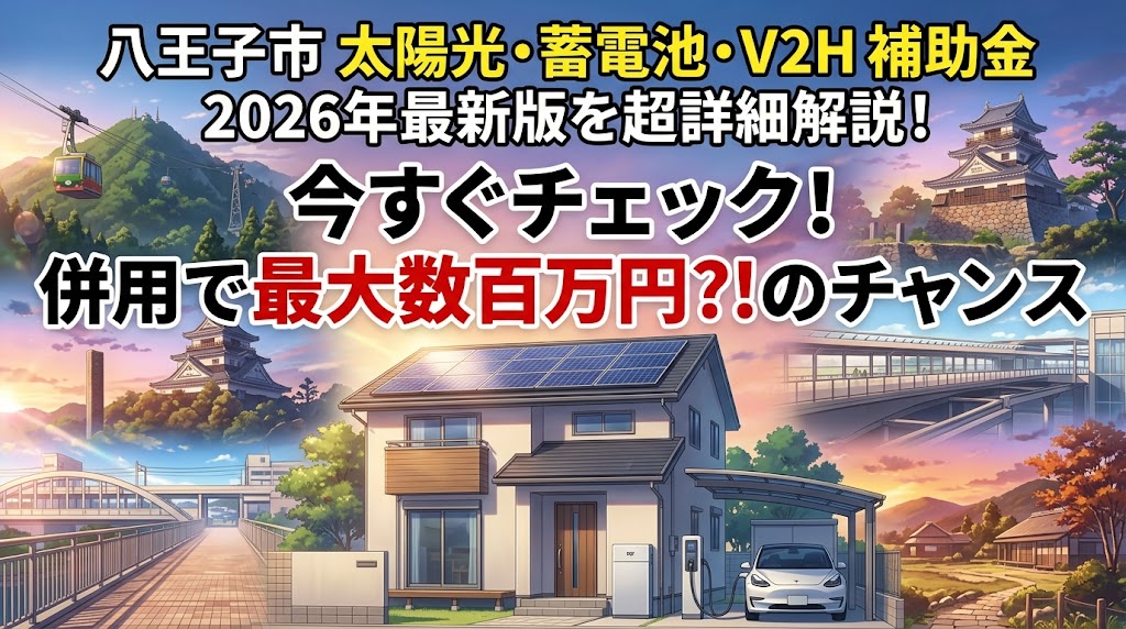 八王子市の高尾山、八王子城跡、八王子駅北口、夕やけ小やけふれあいの里などのランドマークを背景に、太陽光パネル、家庭用蓄電池、V2H、電気自動車（EV）を導入した住宅が描かれた、新海誠風アニメ調インフォグラフィック。画像内には『八王子市 太陽光・蓄電池・V2H 補助金 2026年最新版を超詳細解説！』というタイトルテキストが大きく配置されている。