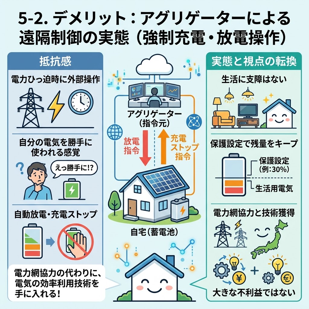 家庭用蓄電池のDR補助金(デマンドリスポンス補助金)におけるデメリット、アグリゲーターによる遠隔制御(強制充電・放電操作)の実態を説明するインフォグラフィック。左側の『抵抗感』セクションでは、電力ひっ迫時の外部操作や自動放電・充電ストップによる『自分の電気を勝手に使われる感覚』を図解。中央にはアグリゲーターから自宅の蓄電池へ指令が飛ぶ仕組みを描写。右側の『実態と視点の転換』セクションでは、生活に支障はなく、保護設定で残量をキープできること、電力網協力と引き換えに効率的な電気利用技術を獲得できるため『大きな不利益ではない』ことが示されている。全体として、抵抗感はあるものの、実態はメリットがあることを伝えるメッセージがある。