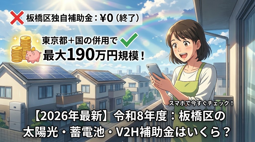アニメ風の女性がバルコニーでスマホをチェックし、板橋区の太陽光発電・蓄電池・V2H補助金の情報に驚く画像。東京都と国の併用で最大190万円の補助金が利用可能。