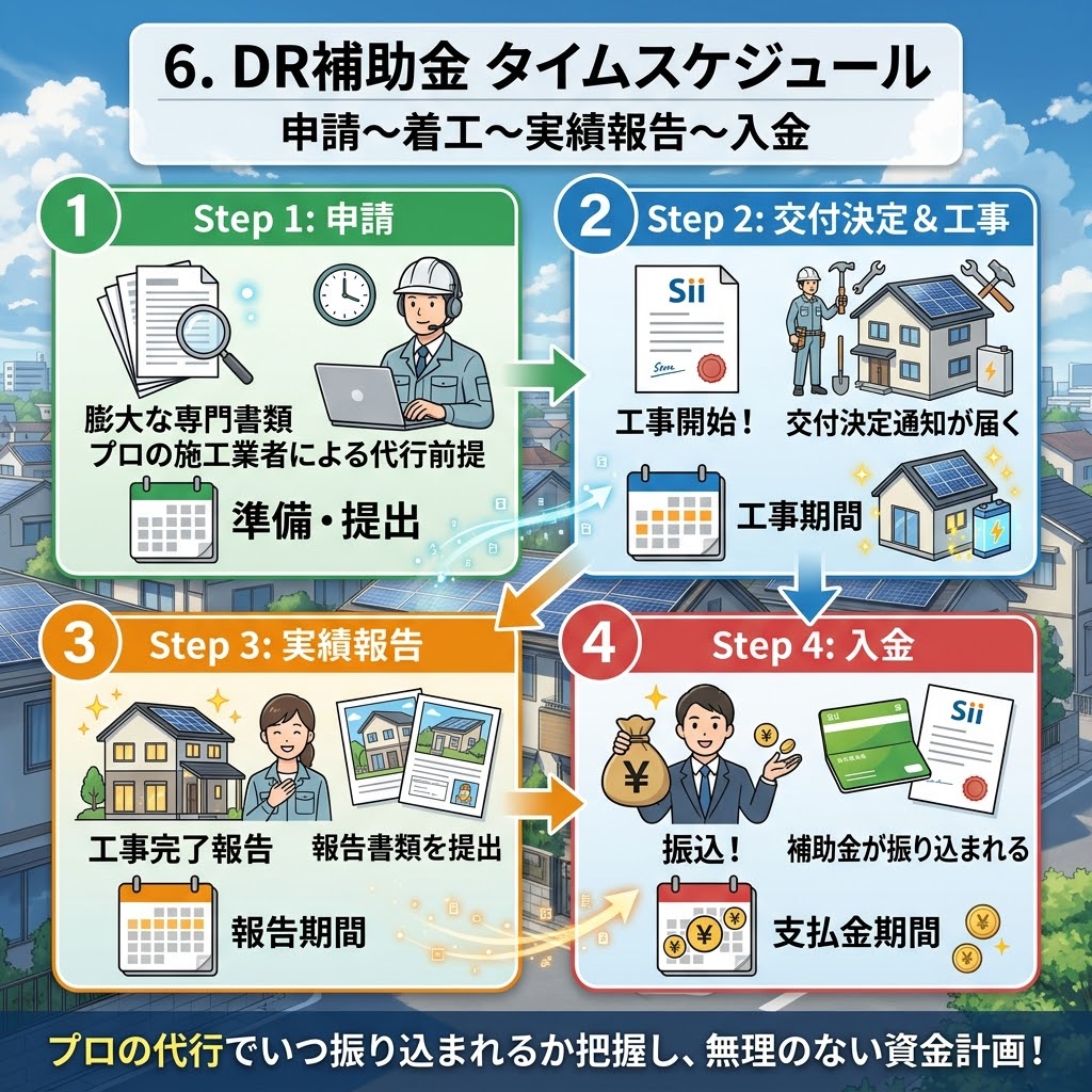 【インフォグラフィック】日本の家庭用蓄電池向けDR補助金の申請から入金までの4ステップ(申請、交付決定&工事、実績報告、入金)のタイムスケジュールを解説。タイトルは「6. DR補助金 タイムスケジュール 申請〜着工〜実績報告〜入金」。プロの代行を前提とした申請書類の準備・提出、Siiの書類と交付決定後の工事、工事完了報告と書類提出、そして補助金入金(振込)までを、イラストとカレンダーで図解。下部メッセージ:プロの代行でいつ振り込まれるか把握し、無理のない資金計画!
