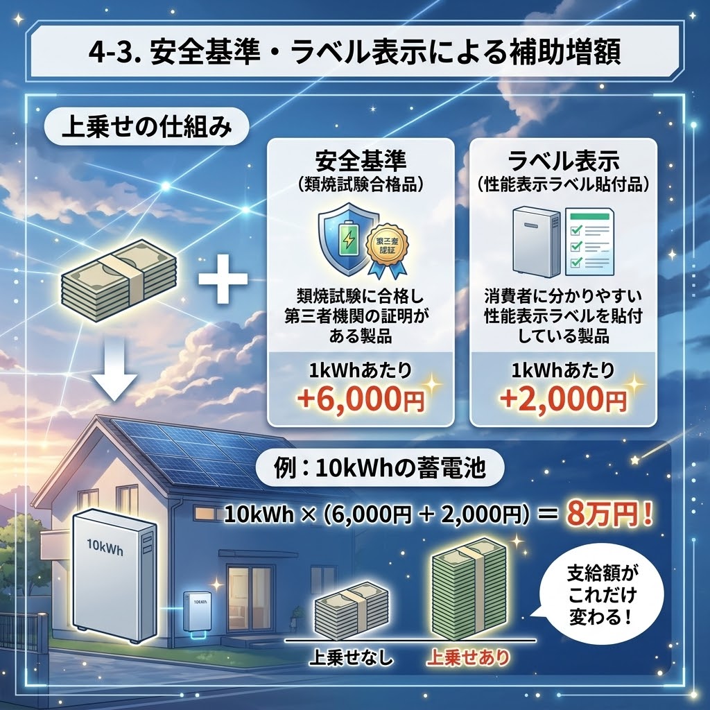 家庭用蓄電池の補助金増額(上乗せ)の仕組みを解説するインフォグラフィック。「上乗せの仕組み」として、日本国が定める安全基準(類焼試験)に合格し第三者機関の証明がある製品(1kWhあたり+6,000円)と、消費者に分かりやすい性能表示ラベルが貼付されている製品(1kWhあたり+2,000円)の2つの基準が図解されている。「例:10kWhの蓄電池」では、上乗せによって8万円も支給額が変わる計算式「10kWh × (6,000円 + 2,000円) = 8万円!」と、上乗せあり・なしの比較チャート、そして「支給額がこれだけ変わる!」というメッセージが、太陽光パネル付きの住宅を背景に描かれている。