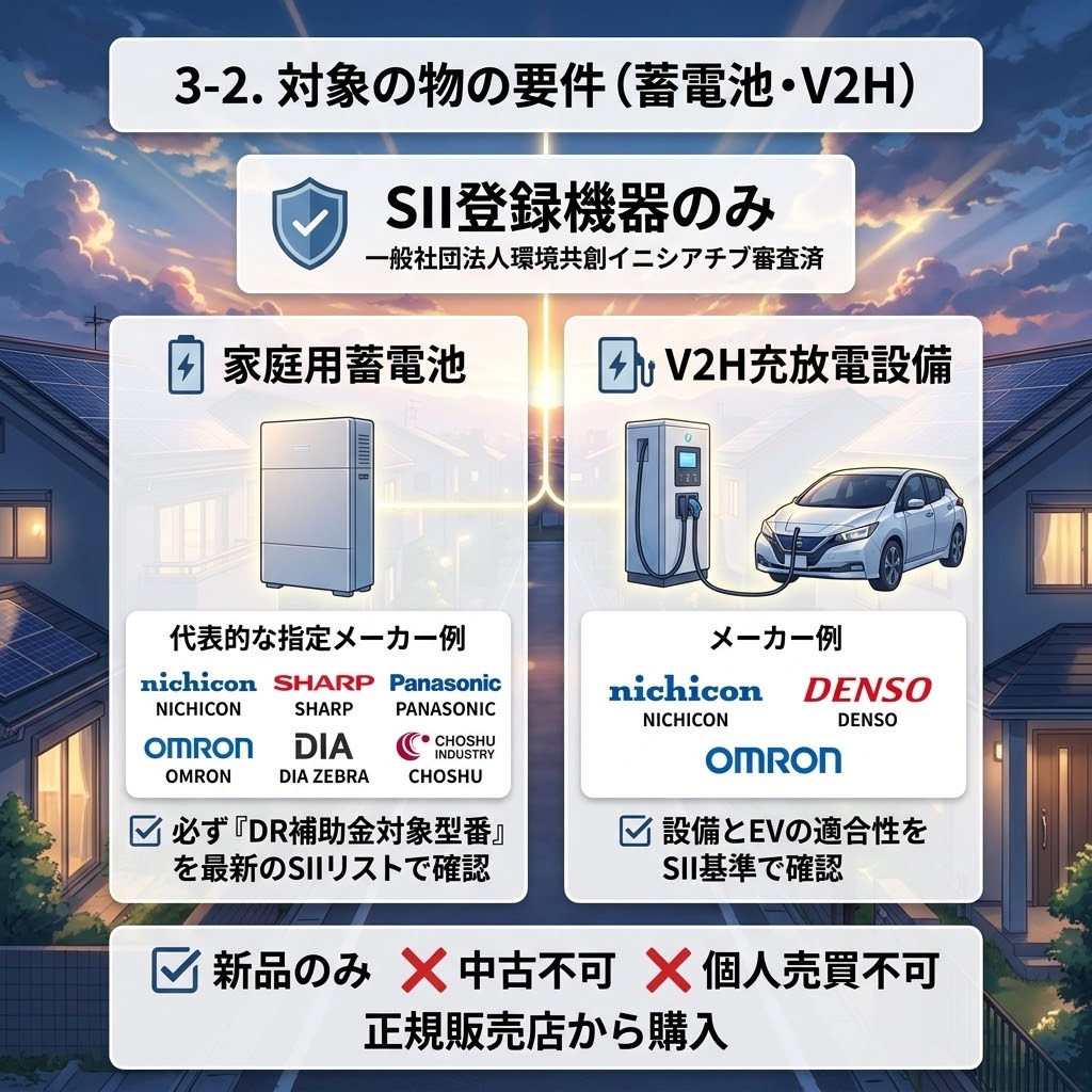 3-2. 対象の物の要件(蓄電池・V2H)というタイトルのインフォグラフィック。一般社団法人環境共創イニシアチブ(SII)によって審査され、性能が保証された「SII登録機器のみ」がDR補助金の対象となる。左側は「家庭用蓄電池」で、ニチコン、シャープ、パナソニック、オムロン、ダイヤゼブラ電機、長州産業などの代表的な指定メーカー例と、必ず「DR補助金対象型番」であることを最新のSIIリストで確認するというチェックポイントが記載されている。右側は「V2H充放電設備」で、ニチコン、デンソー、オムロンなどのメーカー例と、設備とEV(電気自動車)の適合性をSII基準で確認するというチェックポイントが記載されている。下部には、必ず「新品のみ」を「正規販売店から購入」し、「中古不可」「個人売買不可」であるという重要なルールが強調されている。背景は、太陽光パネルが設置された住宅街の夕暮れの風景。