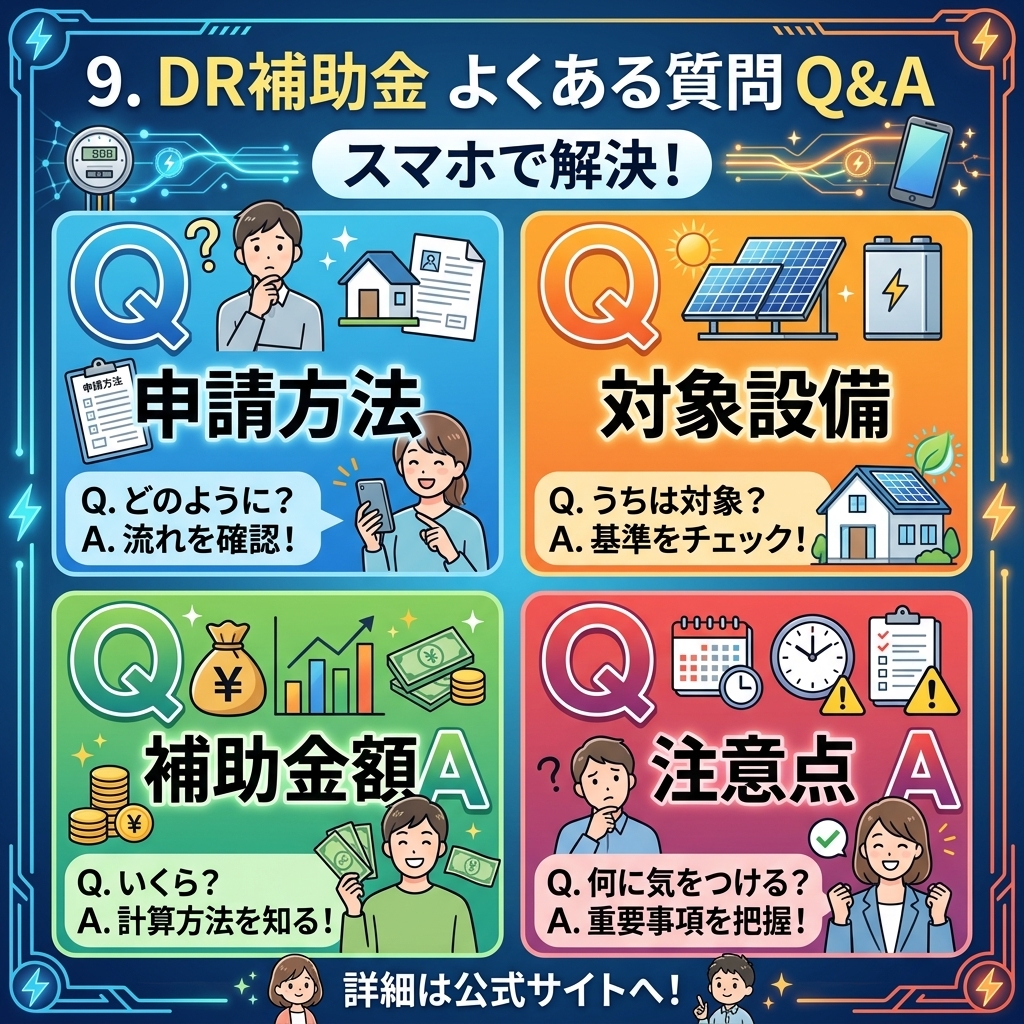『9. DR補助金 よくある質問 Q&A スマホで解決!』というタイトルのインフォグラフィック。4つのセクションで構成されている。青いセクションは『申請方法』で、Q. どのように? A. 流れを確認!とあり、人物や書類、スマホが描かれている。オレンジのセクションは『対象設備』で、Q. うちは対象? A. 基準をチェック!とあり、太陽光パネル、蓄電池、家が描かれている。緑のセクションは『補助金額』で、Q. いくら? A. 計算方法を知る!とあり、お金やグラフ、人物が描かれている。赤いセクションは『注意点』で、Q. 何に気をつける? A. 重要事項を把握!とあり、人物やカレンダー、時計、警告マークが描かれている。最下部には『詳細は公式サイトへ!』と書かれている。背景はデジタルな基盤模様。