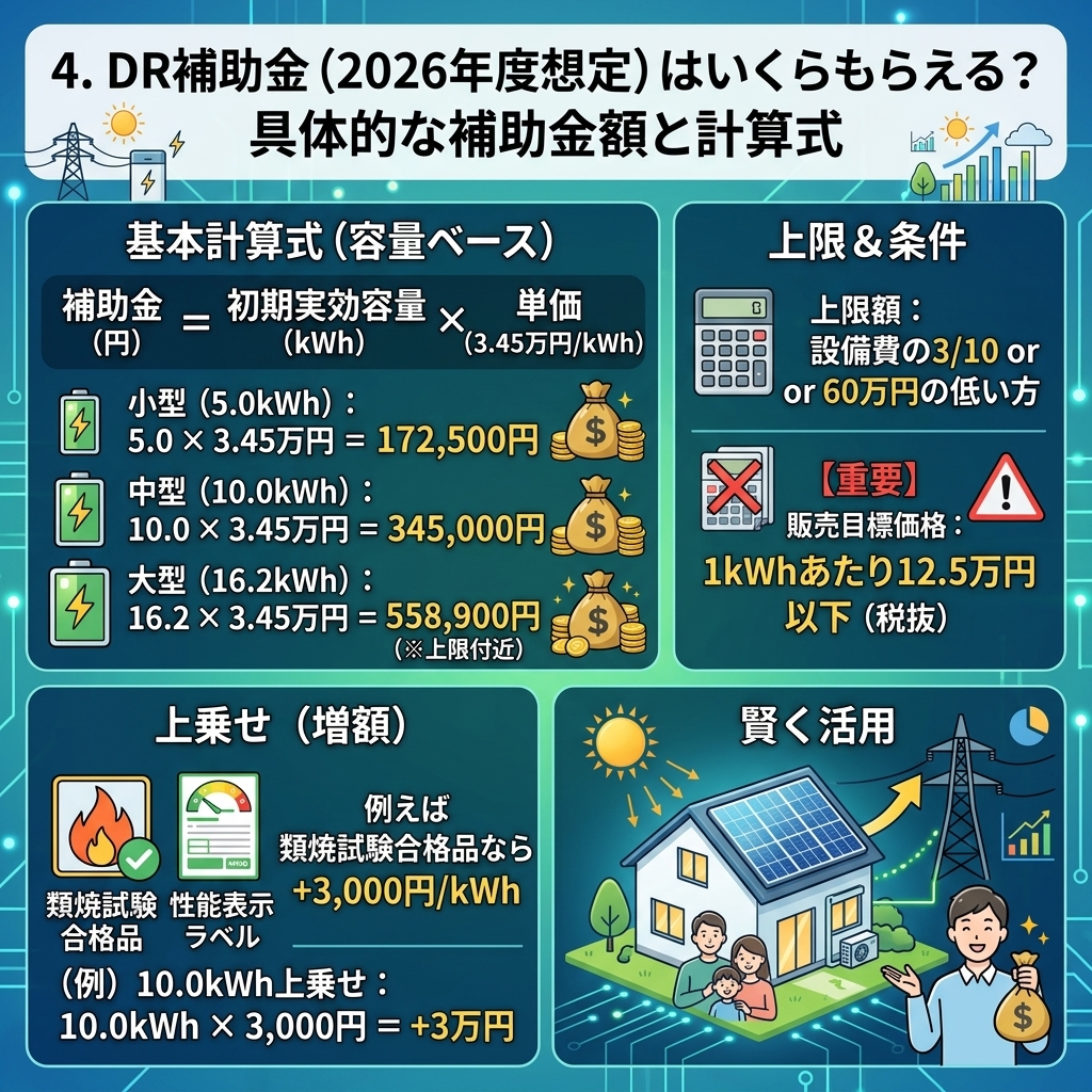 「4. DR補助金（2026年度想定）はいくらもらえる？具体的な補助金額と計算式」というタイトルのインフォグラフィック。基本計算式（補助金（円）＝初期実効容量(kWh)×単価(3.45万円/kWh)）、小型・中型・大型蓄電池の具体的な計算例（172,500円～558,900円）、上限額（設備費の3/10または60万円の低い方）、販売目標価格（12.5万円/kWh以下（税抜））の条件、さらに類焼試験合格品などによる上乗せ増額の仕組みが図解されています。