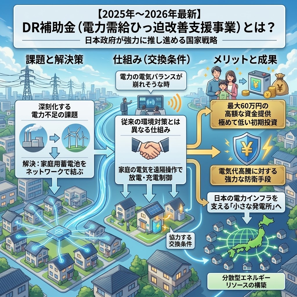 日本政府が強力に推し進める国家戦略【2025年〜2026年最新】DR補助金(電力需給ひっ迫改善支援事業)を解説するインフォグラフィック。深刻化する電力不足の課題に対し、家庭用蓄電池をネットワークで結ぶ解決策を提示。遠隔操作による充放電制御の仕組みと、最大60万円の高額支援、電気代高騰対策、日本の電力インフラを支える「小さな発電所」としての役割などのメリットを視覚的に説明している。