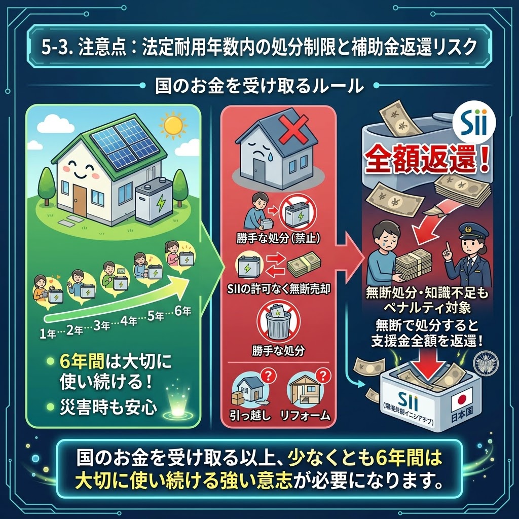 「5-3. 注意点:法定耐用年数内の処分制限と補助金返還リスク」を解説するインフォグラフィック。日本の家庭用蓄電池DR補助金(国のお金)を受け取る際の重要ルールを図解。左側では、6年間は大切に使い続ける(1〜6年のタイムライン)という「大切に使い続けるルール」を緑色で表現。中央の赤色エリアでは、SII(一般社団法人環境共創イニシアチブ)の許可なく無断売却や勝手な処分、引っ越しやリフォームに伴う処分などの「禁止事項」を強調。右側では、SIIと日本国ロゴと共に、「無断処分・知識不足もペナルティ対象」であり「支援金全額を返還!」という厳しい返還リスクを警告している。下部には、国のお金を受け取る以上、少なくとも6年間は大切に使い続ける強い意志が必要であるというまとめが記載されている。
