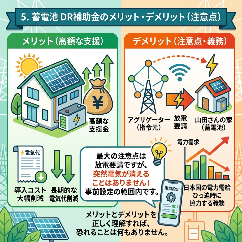 【図解】5. 蓄電池DR補助金のメリット・デメリット(注意点)。左側「メリット(高額な支援)」では太陽光パネルと蓄電池付き住宅、お金の袋(¥)、電気代の大幅削減と長期削減、右側「デメリット(注意点・義務)」ではアグリゲーターと家のネットワーク制御、放電要請、日本国の電力需給ひっ迫への協力義務が示されている。中央には、突然電気が消えることはなく事前設定の範囲内であることを強調する電球付きのメッセージがある。