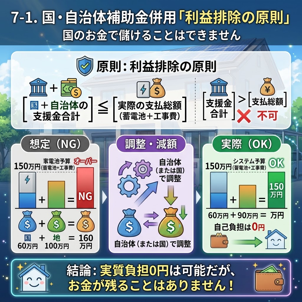 日本の家庭用蓄電池補助金における『利益排除の原則』を解説するインフォグラフィック。タイトルは『7-1. 国・自治体補助金併用「利益排除の原則」 国のお金で儲けることはできません』。原則は、［国 + 自治体の支援金合計］が［実際の支払総額（蓄電池 + 工事費）］以下でなければならない。［支援金合計］ > ［支払総額］は❌不可。具体的なシミュレーションとして、150万円のシステムに対し、想定（NG）では国60万円、地100万円で合計160万円となり『オーバー NG』。その後『調整・減額』が行われ、実際（OK）には国60万円、地90万円で合計150万円となり『OK』。最終的に『自己負担は0円』。結論として『実質負担0円は可能だが、お金が残ることはありません！』とある。