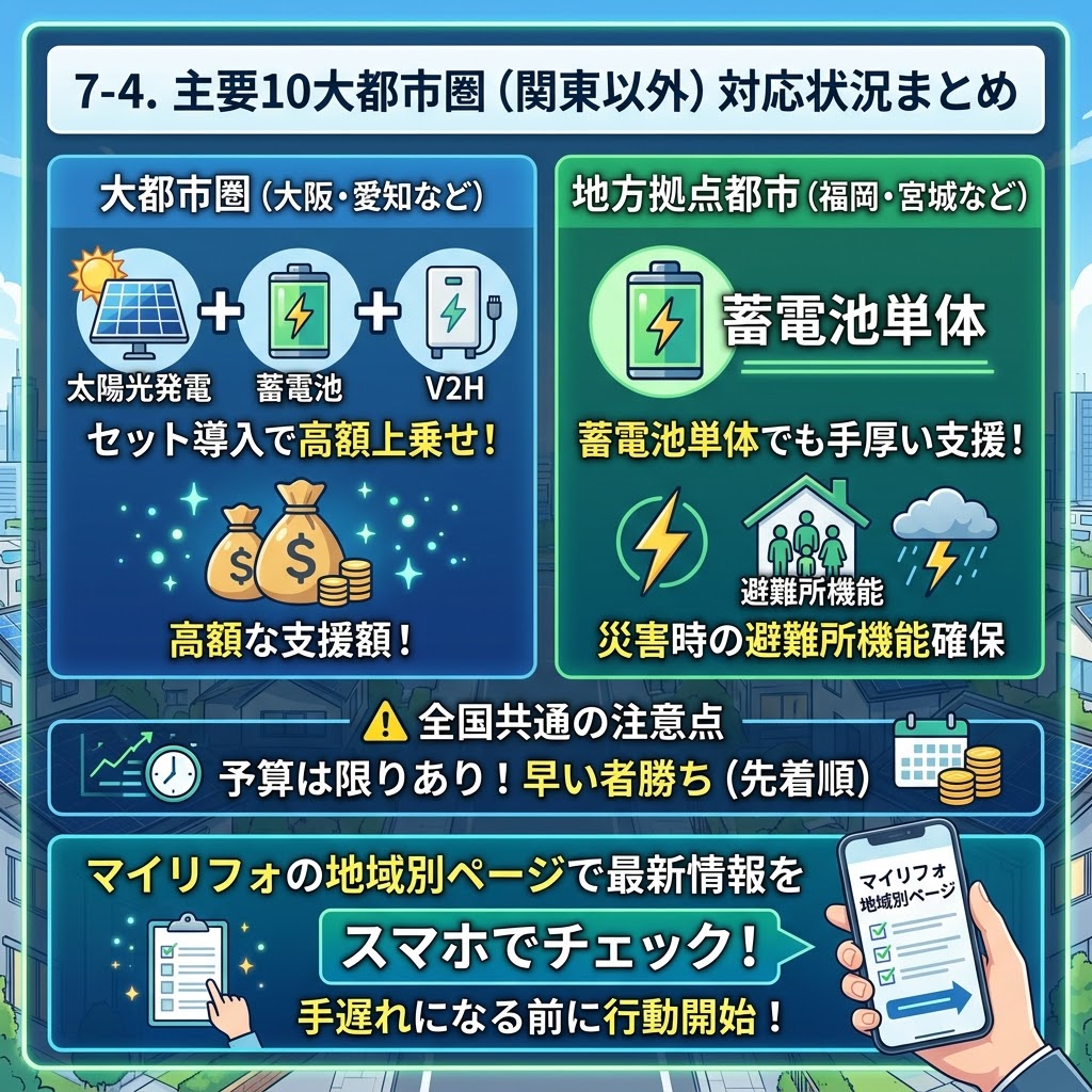 「7-4. 主要10大都市圏(関東以外)対応状況まとめ」というタイトルで、日本国内の関東以外の主要都市における家庭用蓄電池などの補助金(支援)の対応状況をまとめたインフォグラフィック。左側には「大都市圏(大阪・愛知など)」で、太陽光発電+蓄電池+V2Hのセット導入による高額上乗せと高額な支援額を説明。右側には「地方拠点都市(福岡・宮城など)」で、蓄電池単体でも手厚い支援があり、災害時の避難所機能確保が目的とされている。下部には「⚠️全国共通の注意点」「予算は限りあり!早い者勝ち(先着順)」の警告。さらに最下部には「マイリフォの地域別ページで最新情報を」「スマホでチェック!」「手遅れになる前に行動開始!」という呼びかけが記載されている。