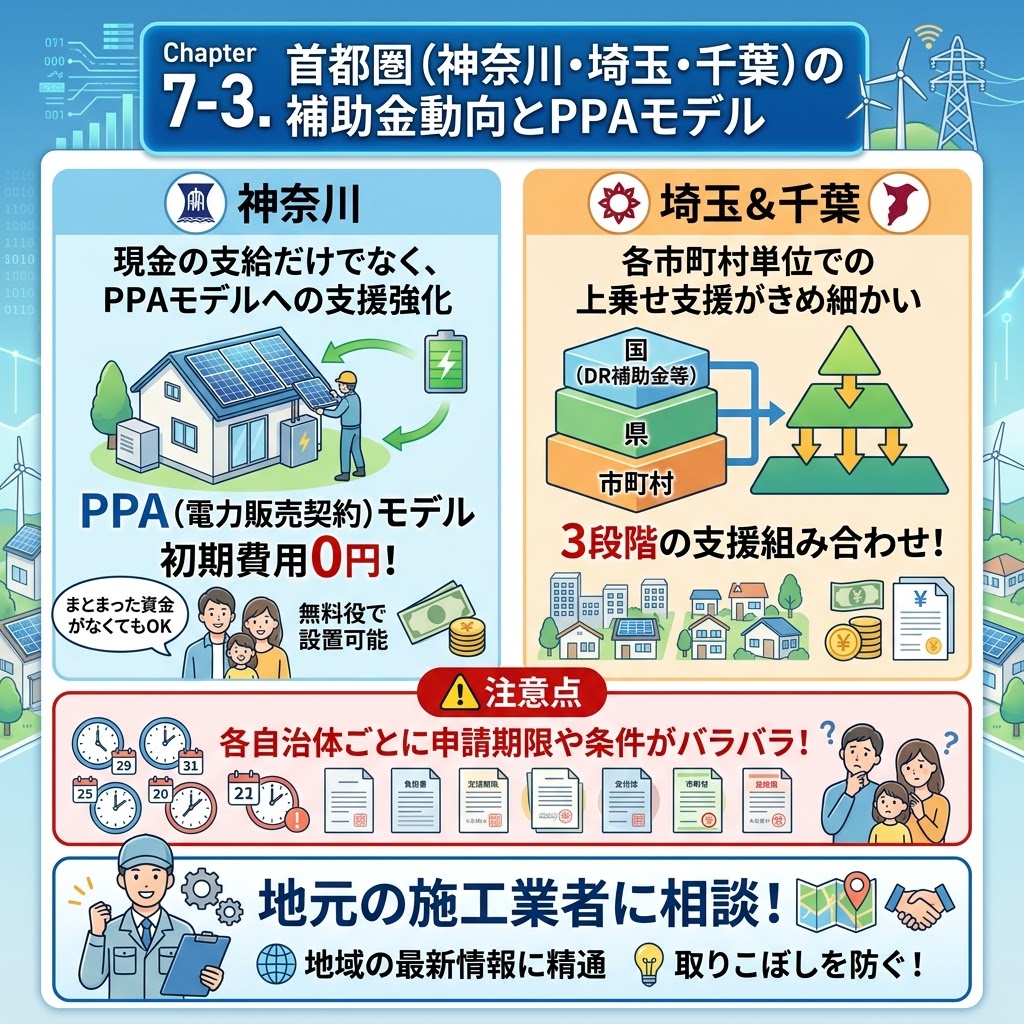 首都圏(神奈川・埼玉・千葉)の太陽光発電と蓄電池の補助金動向とPPAモデルを解説するインフォグラフィック。神奈川県の初期費用0円PPAモデルへの支援、埼玉県・千葉県の国・県・市町村3段階の上乗せ支援、自治体ごとの申請期限や条件の違い、地域の最新情報に精通した地元の施工業者への相談推奨について図解。