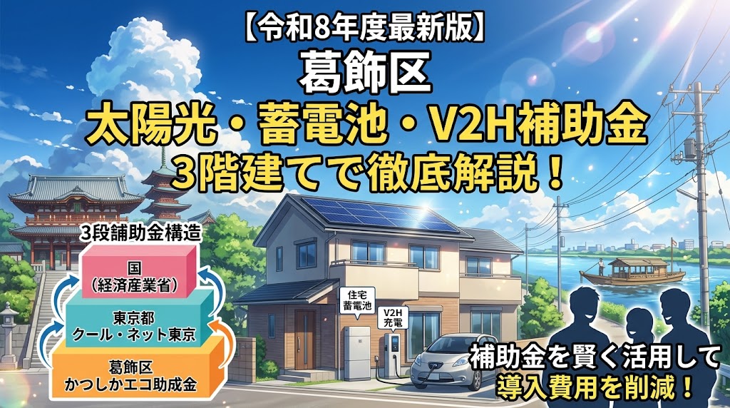 令和8年度（2026年度）葛飾区の太陽光発電・家庭用蓄電池・V2H補助金を解説するインフォグラフィック。かつしかエコ助成金と東京都・国の補助金を併用することで導入費用を大幅削減できる仕組みを、葛飾区の柴又帝釈天や矢切の渡しのランドマークとともに新海誠風アニメ調で表現